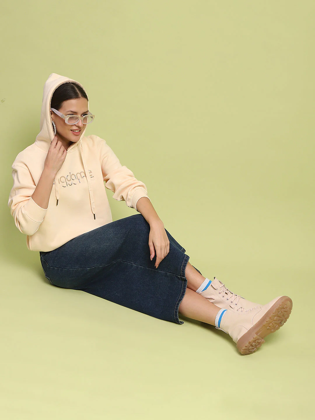 Madame Typography Print Hooded Beige Cotton Sweatshirt - Image 2