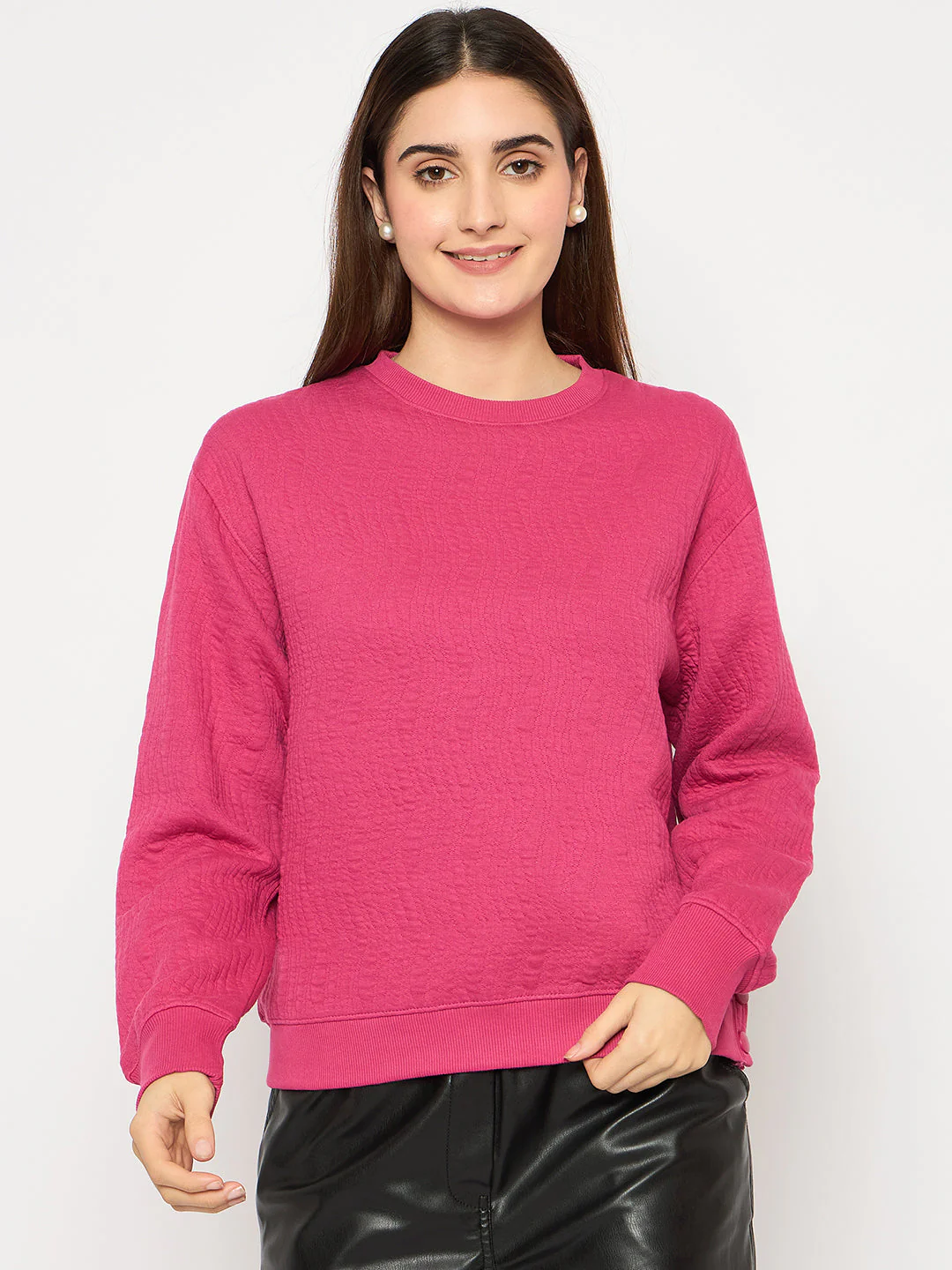 Madame Knitted Self-Textured Hot Pink Sweatshirt - Image 3