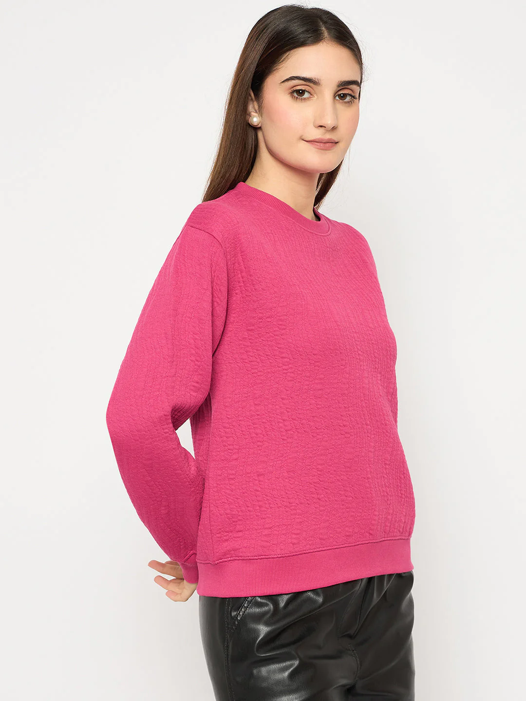 Madame Knitted Self-Textured Hot Pink Sweatshirt - Image 4