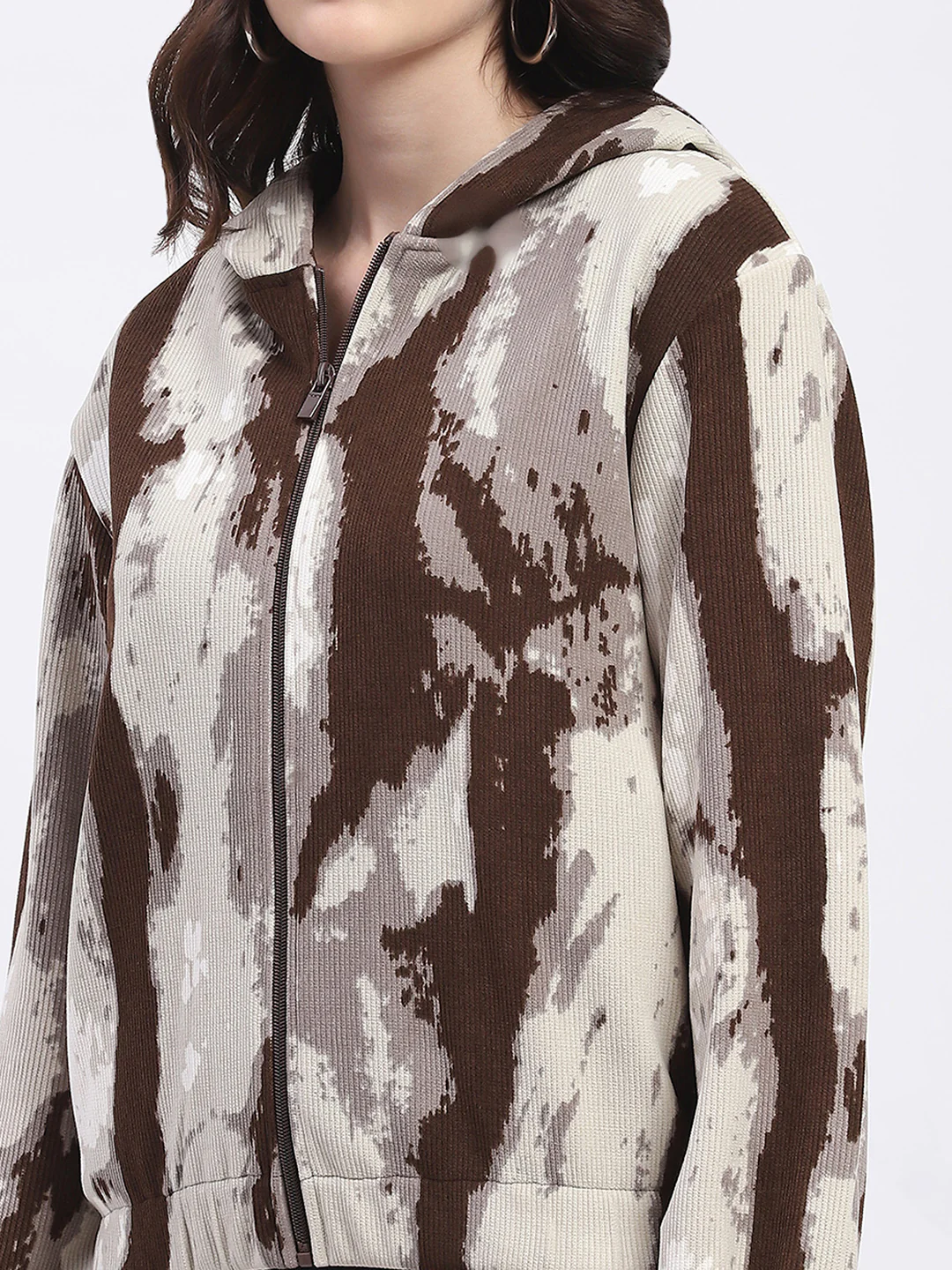 Madame All Over Print Zipped Brown Hooded Sweatshirt For Women - Image 7