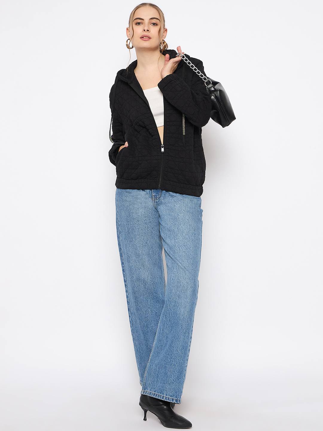 Madame Knitted Self-Textured Zipped Black Hooded Sweatshirt - Image 2