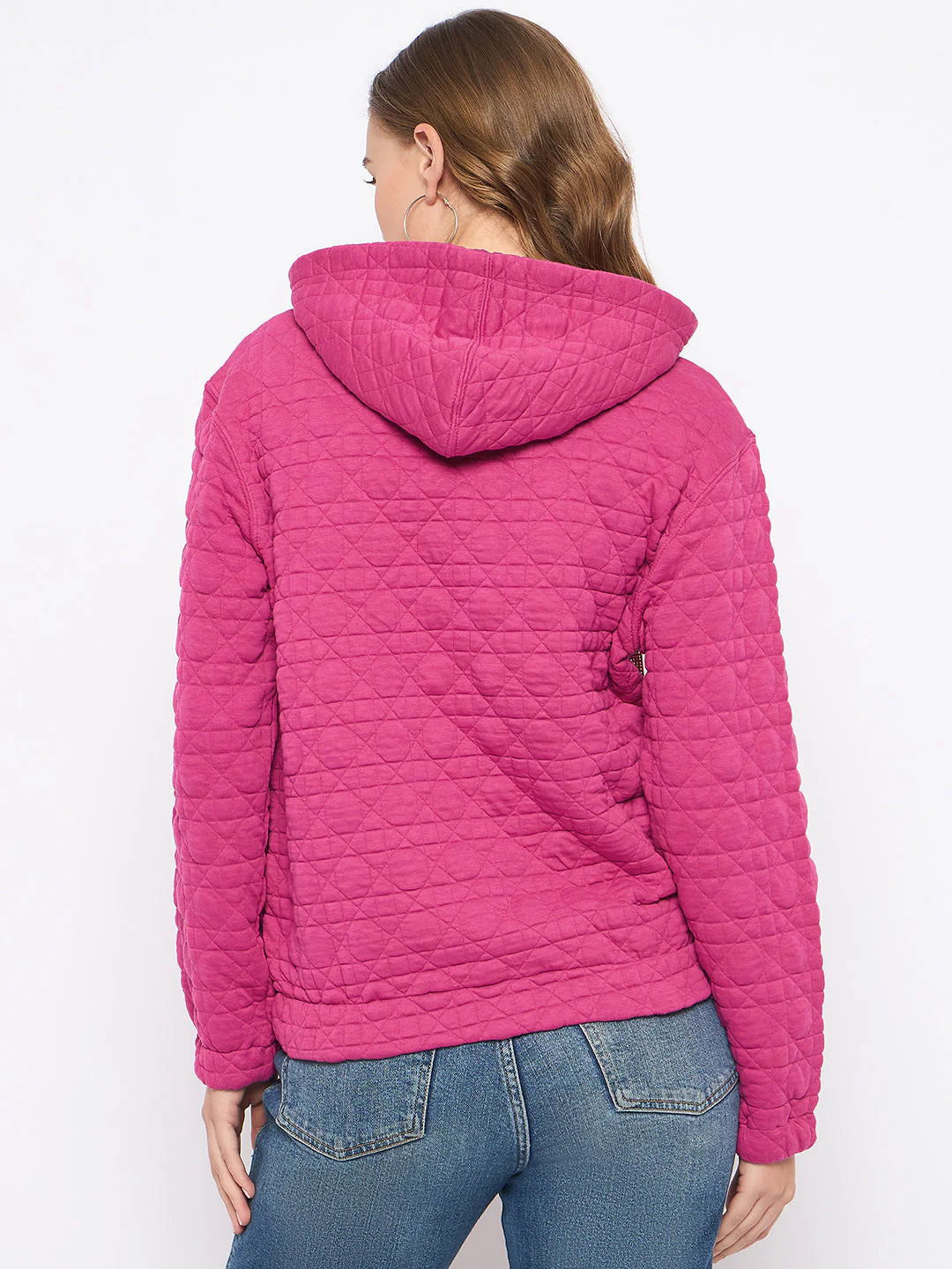 Madame Cotton Blend Self-Textured Zipped Hot Pink Sweatshirt - Image 5