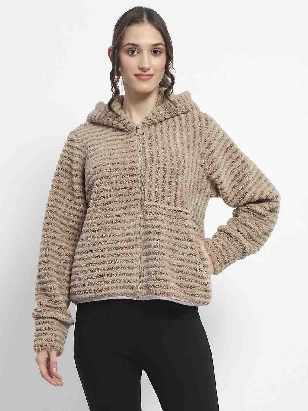 Madame Faux Fur Self Design Brown Sweatshirt