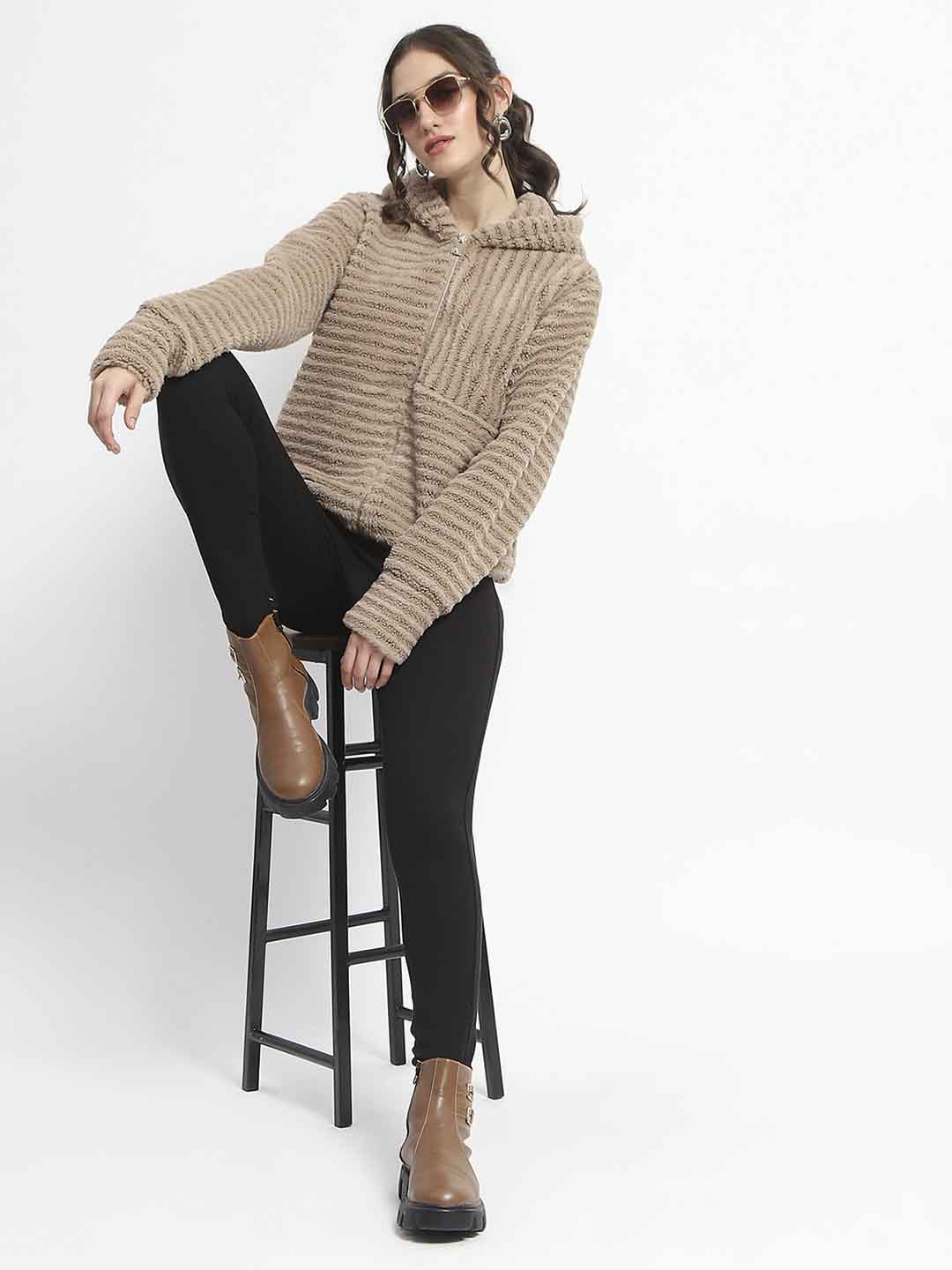 Madame Faux Fur Self Design Brown Sweatshirt - Image 2