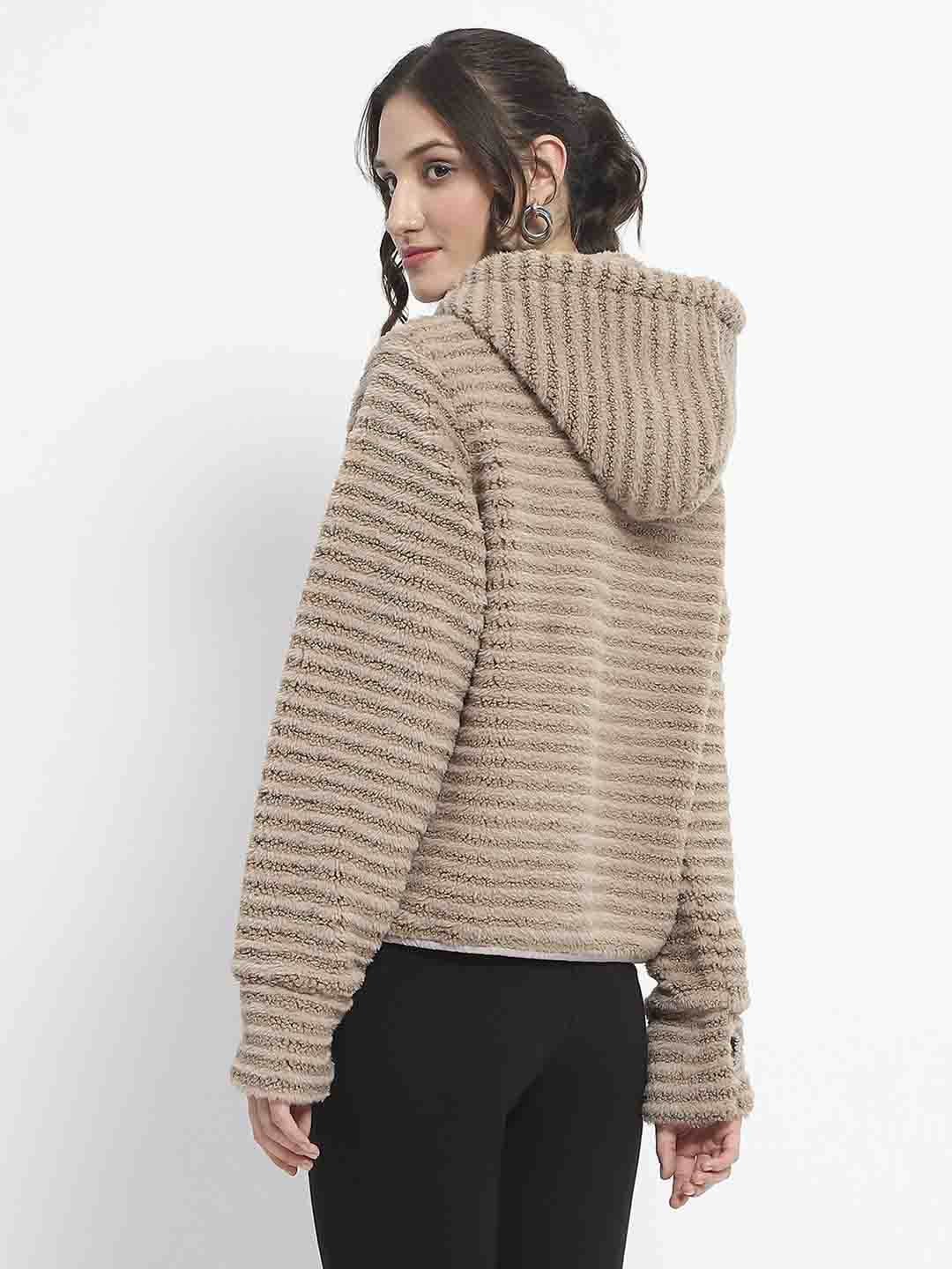 Madame Faux Fur Self Design Brown Sweatshirt - Image 6