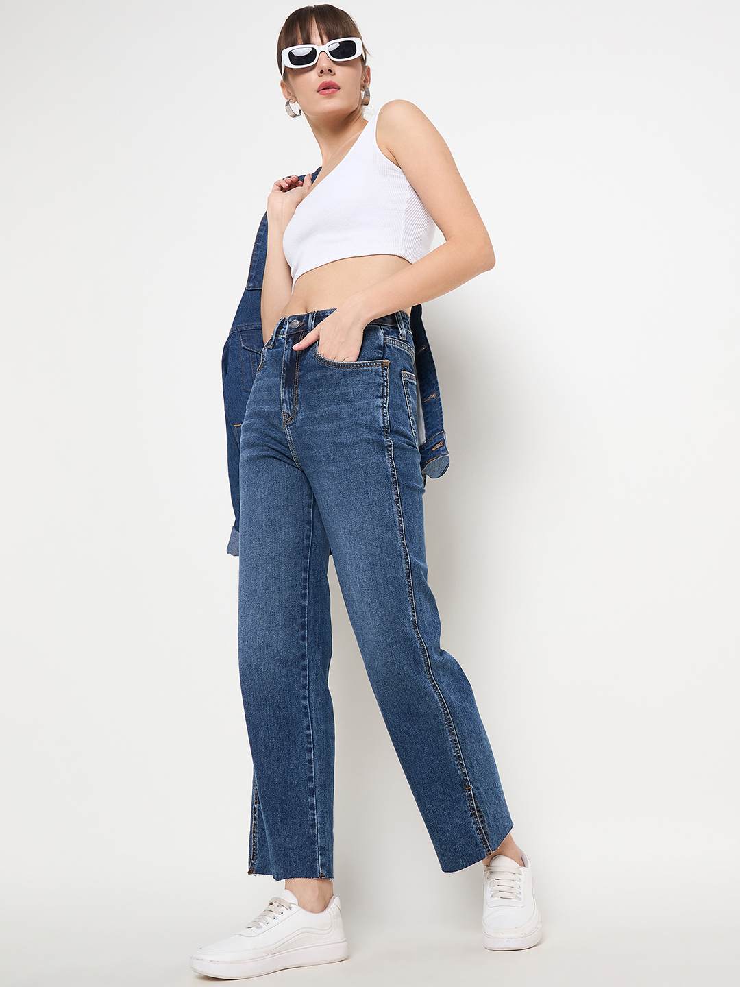 Madame Whiskered Cotton Blend Mid Blue Denim Jeans - Image 2