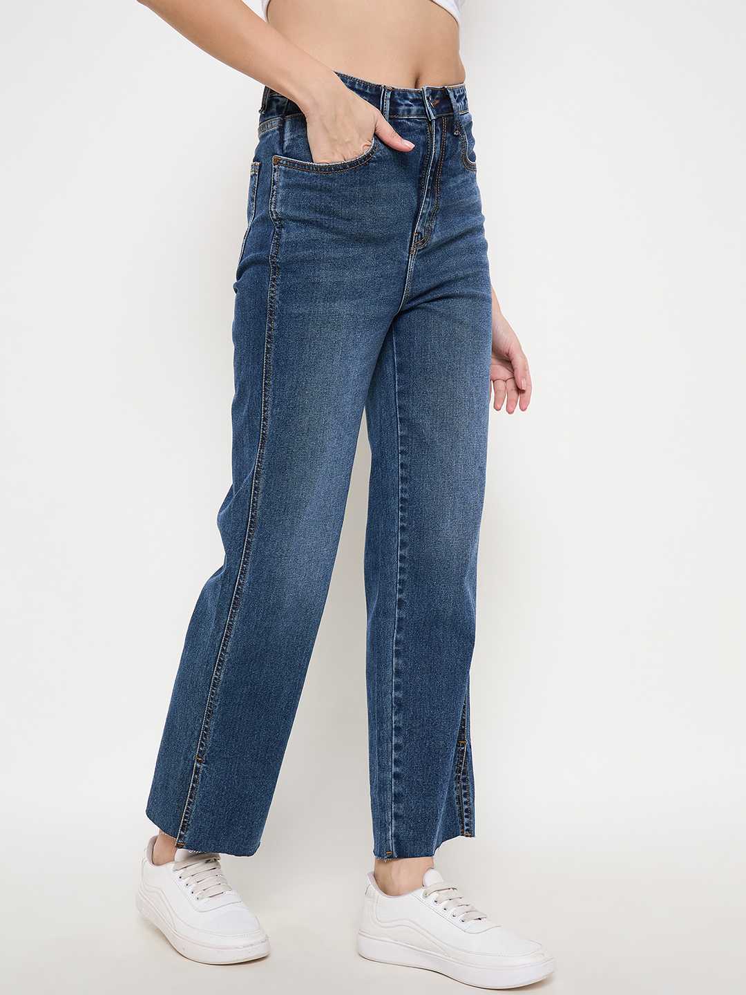 Madame Whiskered Cotton Blend Mid Blue Denim Jeans - Image 4
