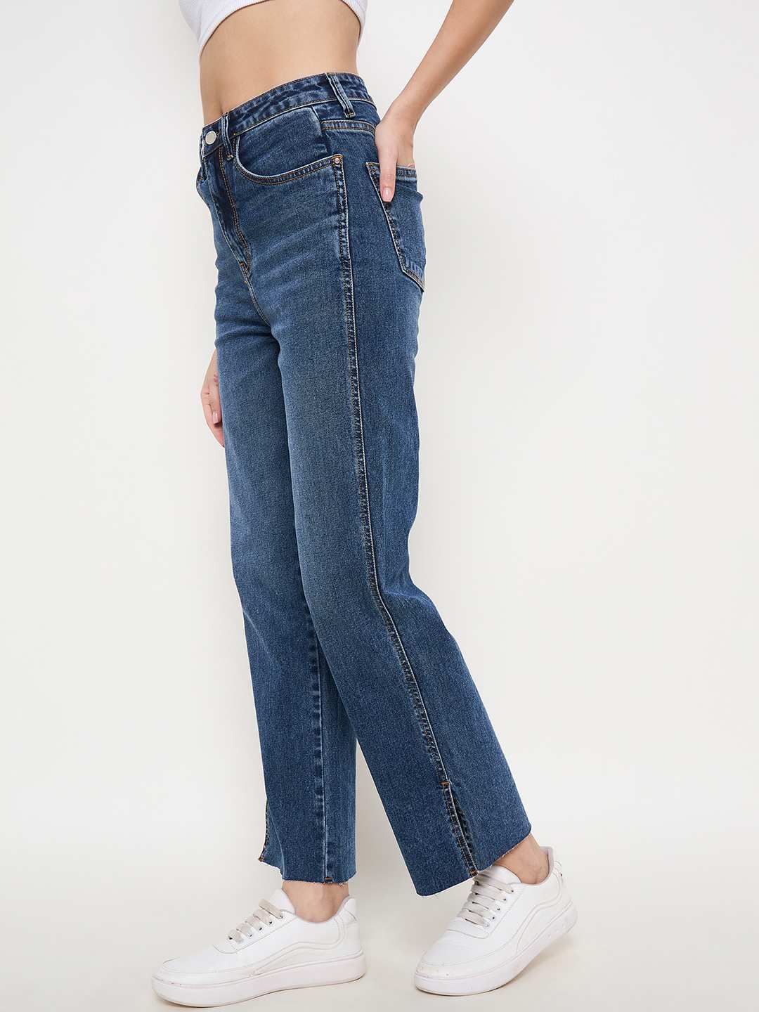 Madame Whiskered Cotton Blend Mid Blue Denim Jeans - Image 5