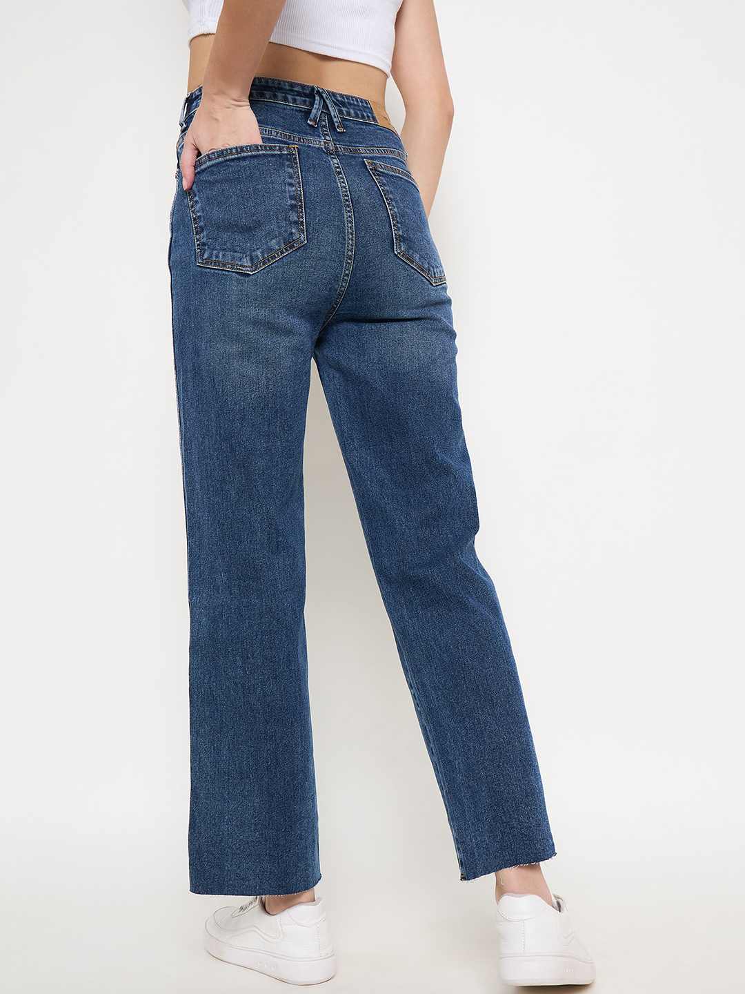 Madame Whiskered Cotton Blend Mid Blue Denim Jeans - Image 6