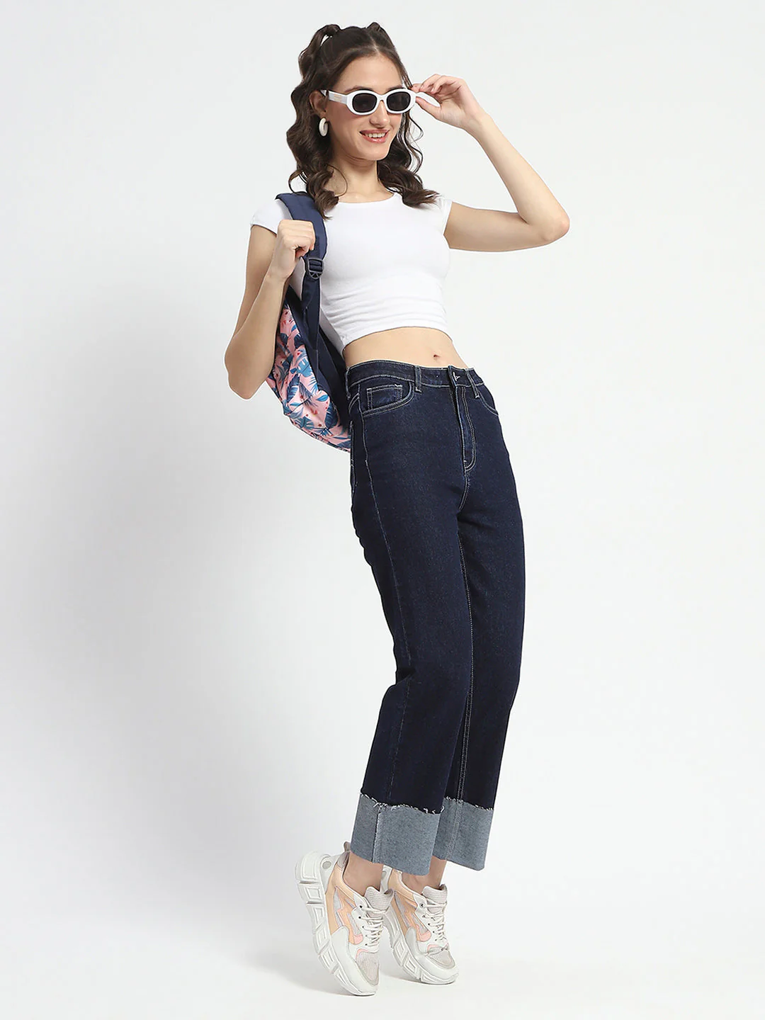 Madame Rolled Hem Straight Fit Solid Dark Blue Cotton Denim