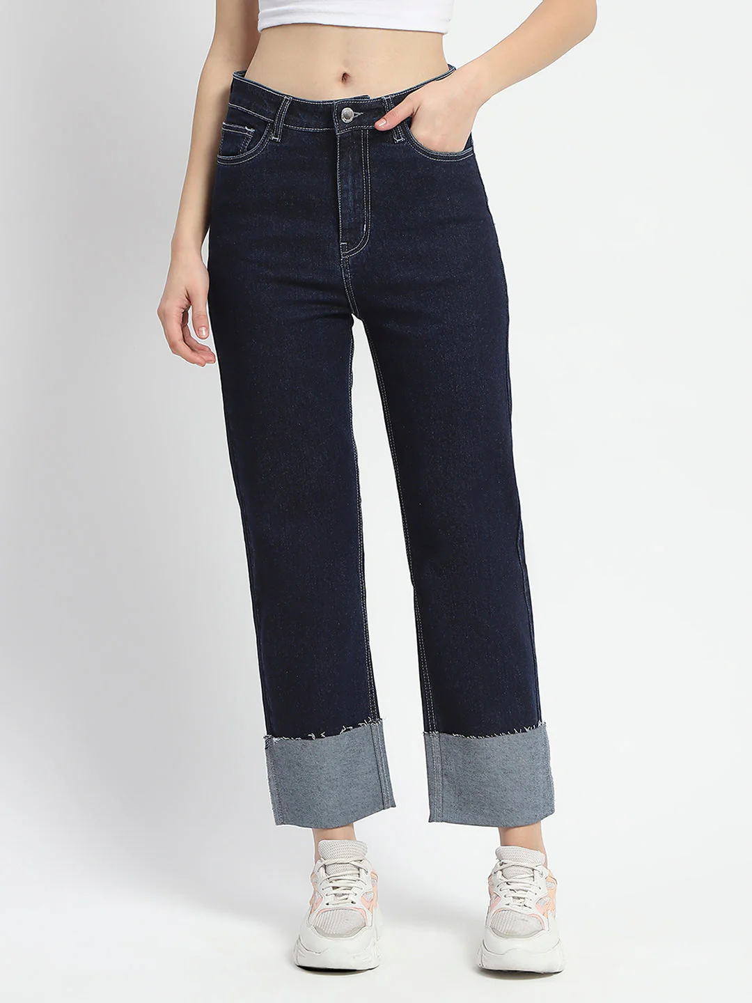 Madame Rolled Hem Straight Fit Solid Dark Blue Cotton Denim - Image 2