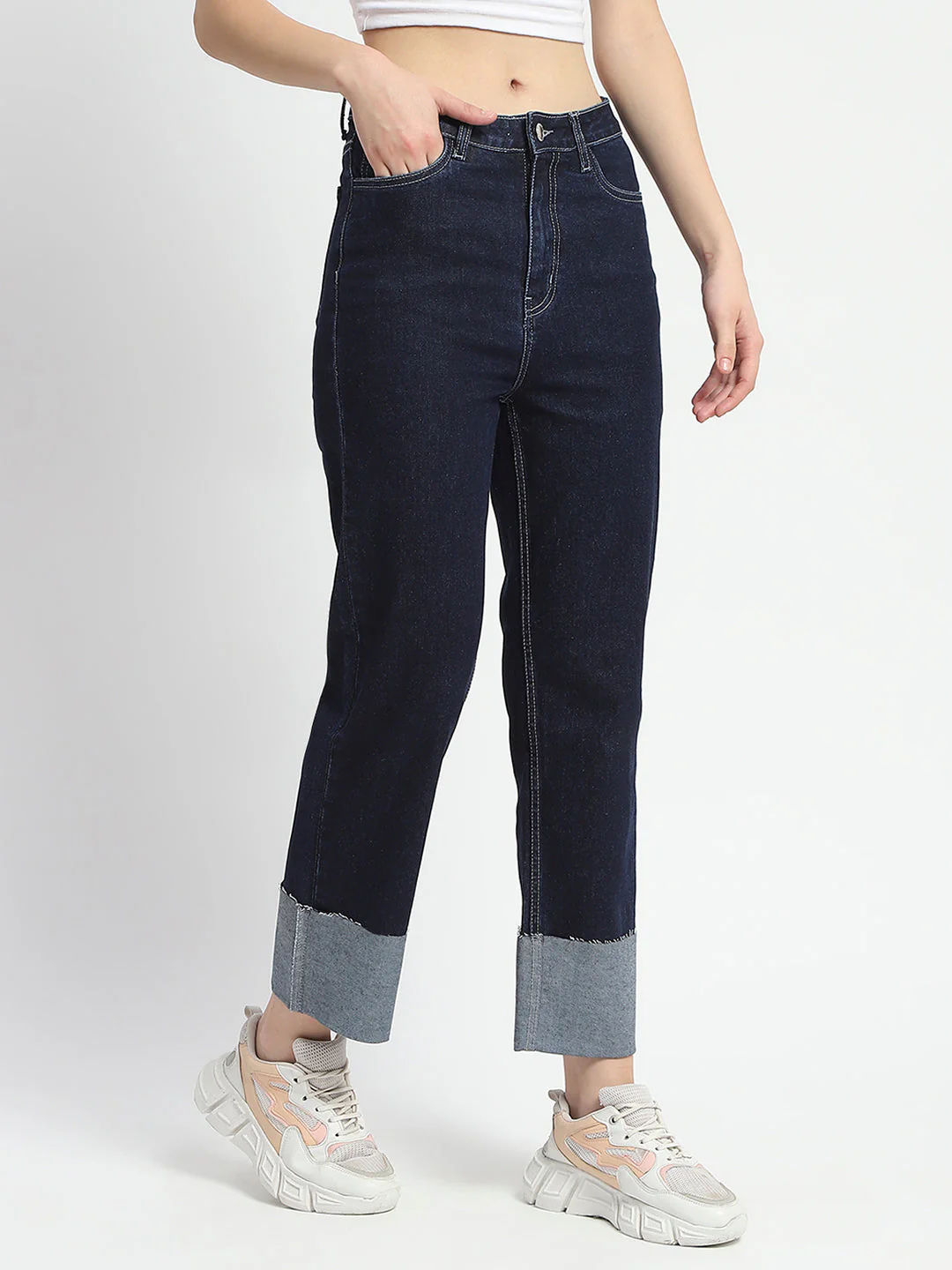 Madame Rolled Hem Straight Fit Solid Dark Blue Cotton Denim - Image 3