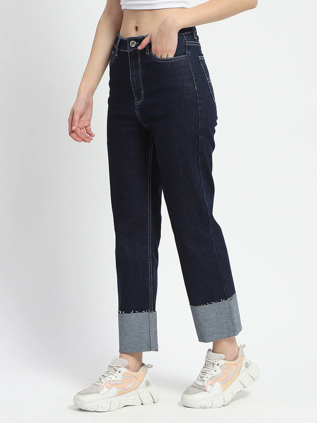 Madame Rolled Hem Straight Fit Solid Dark Blue Cotton Denim - Image 4