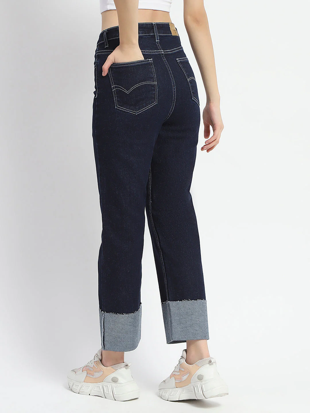 Madame Rolled Hem Straight Fit Solid Dark Blue Cotton Denim - Image 5