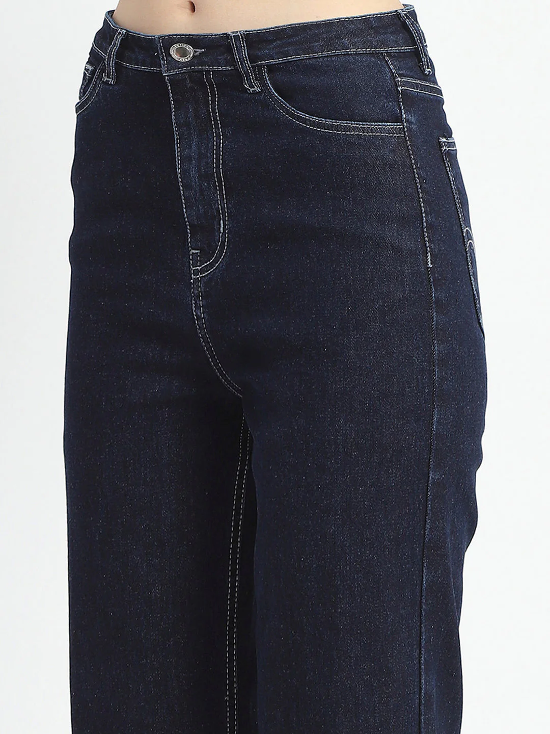 Madame Rolled Hem Straight Fit Solid Dark Blue Cotton Denim - Image 6