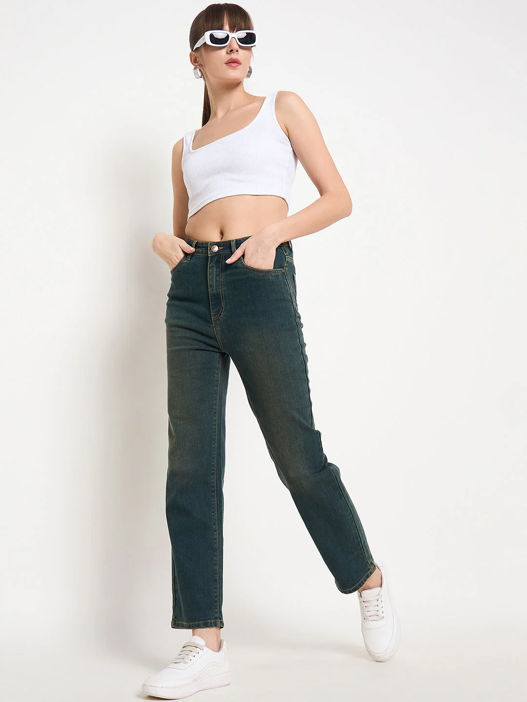 Madame Green Tinted Stone Wash Cotton Blend Denim Jeans - Image 2