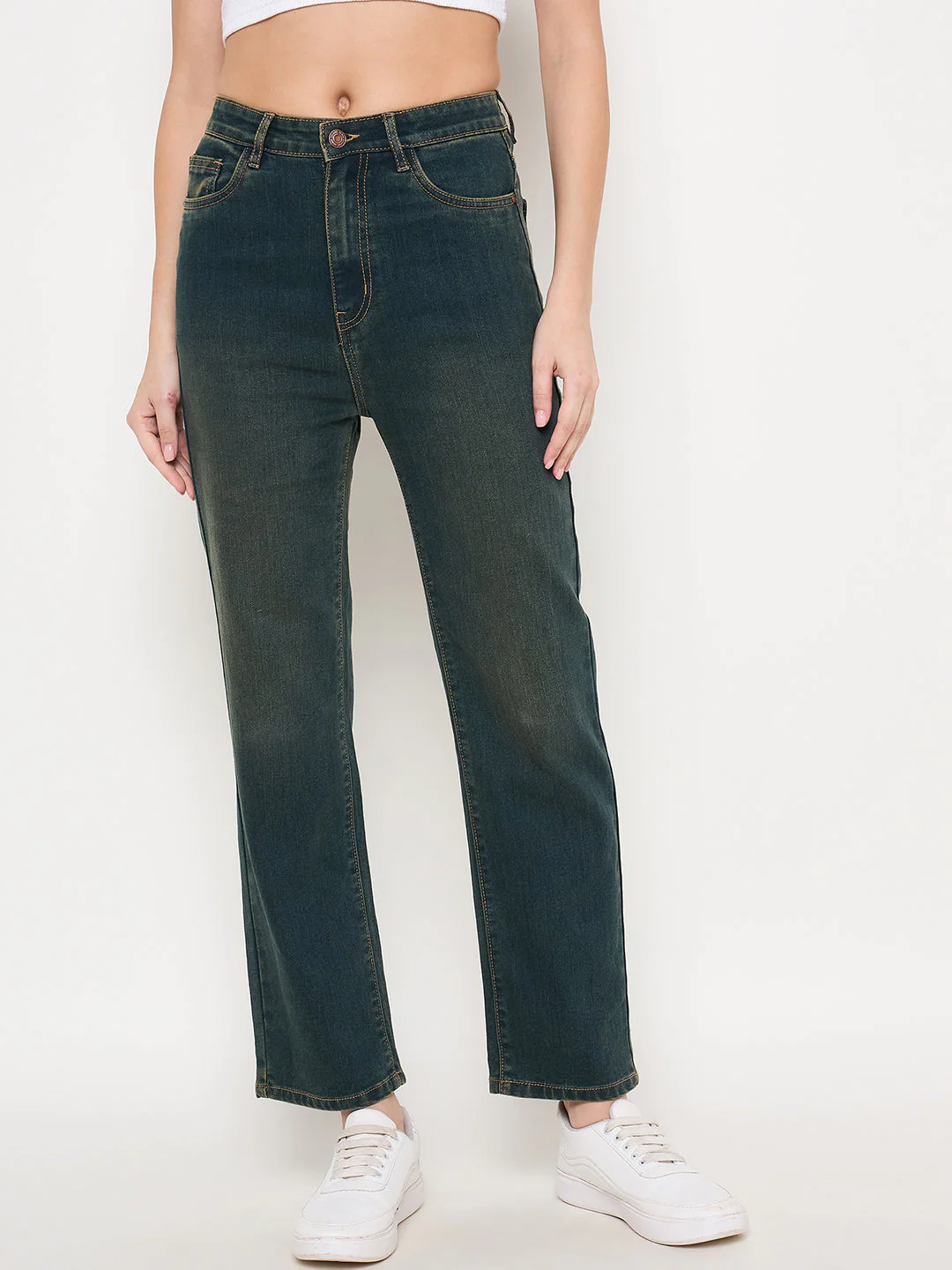 Madame Green Tinted Stone Wash Cotton Blend Denim Jeans - Image 3