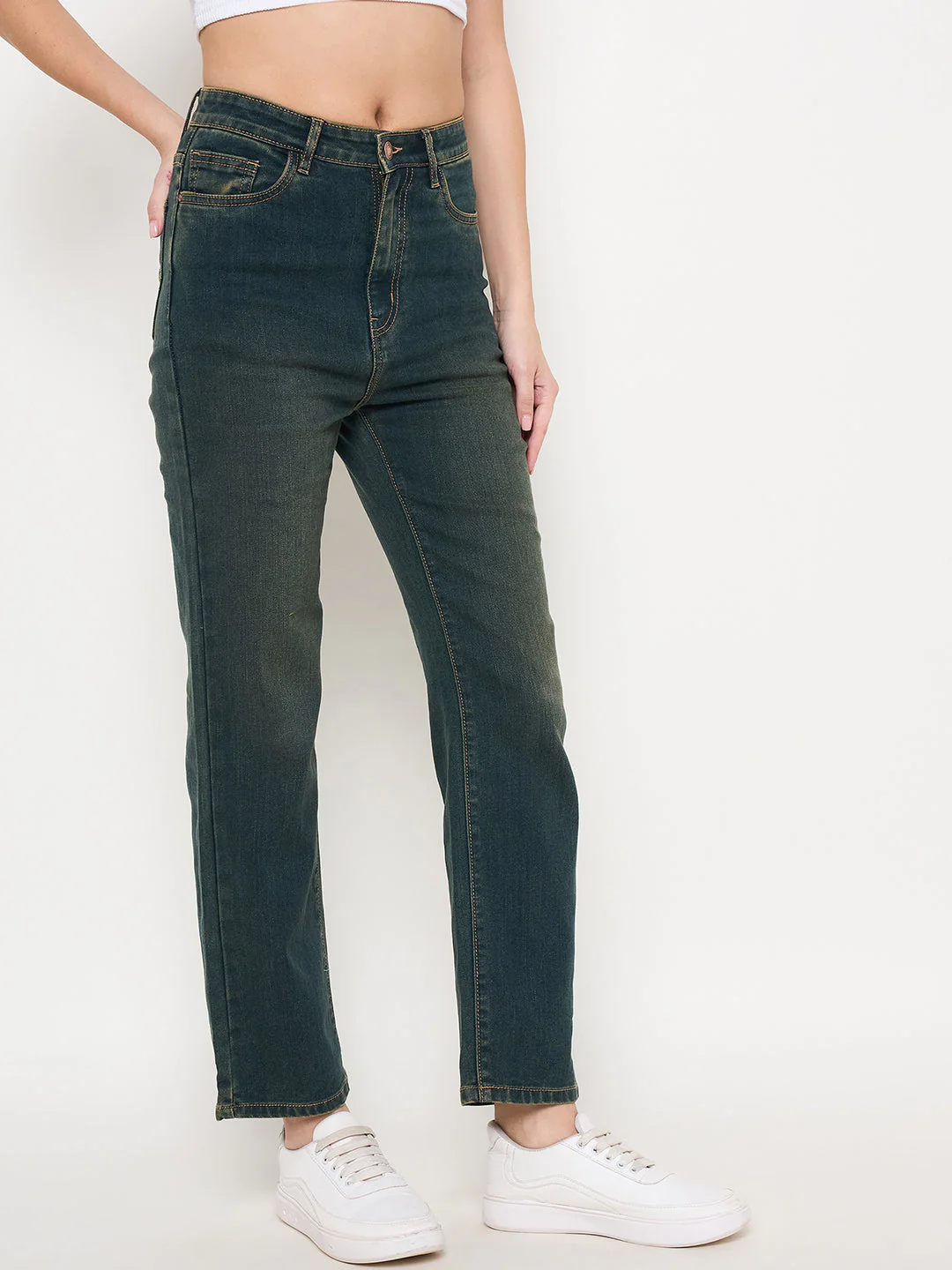 Madame Green Tinted Stone Wash Cotton Blend Denim Jeans - Image 4