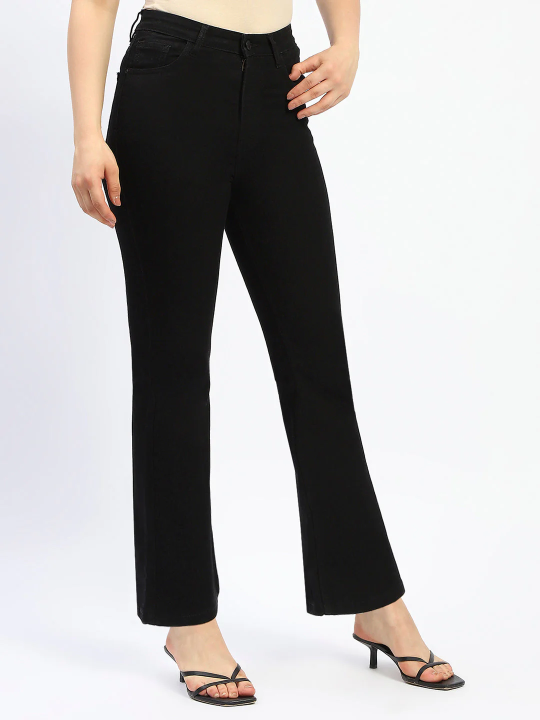 Madame Flared Solid Black Cotton Blend Denim - Image 3