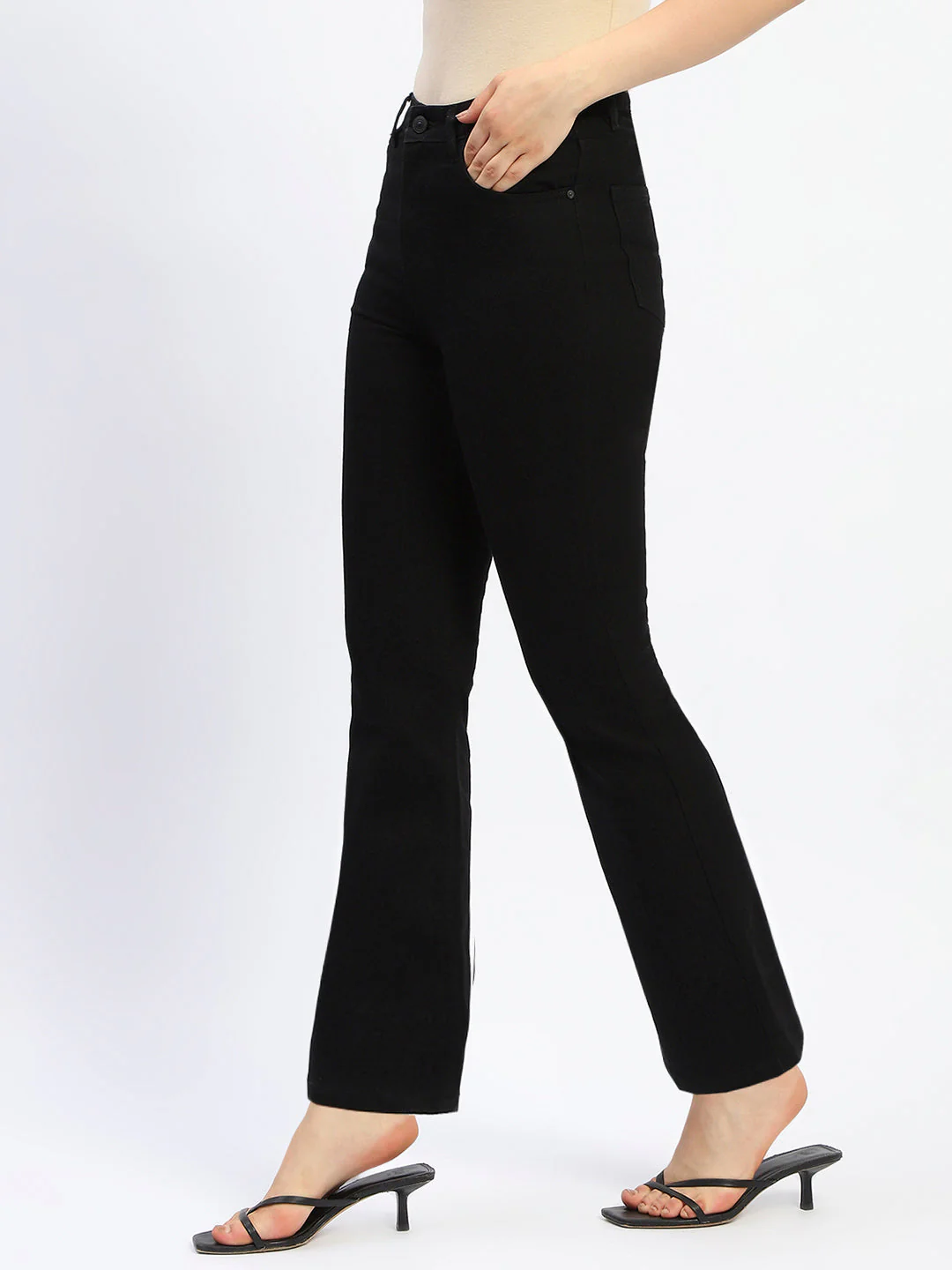 Madame Flared Solid Black Cotton Blend Denim - Image 4