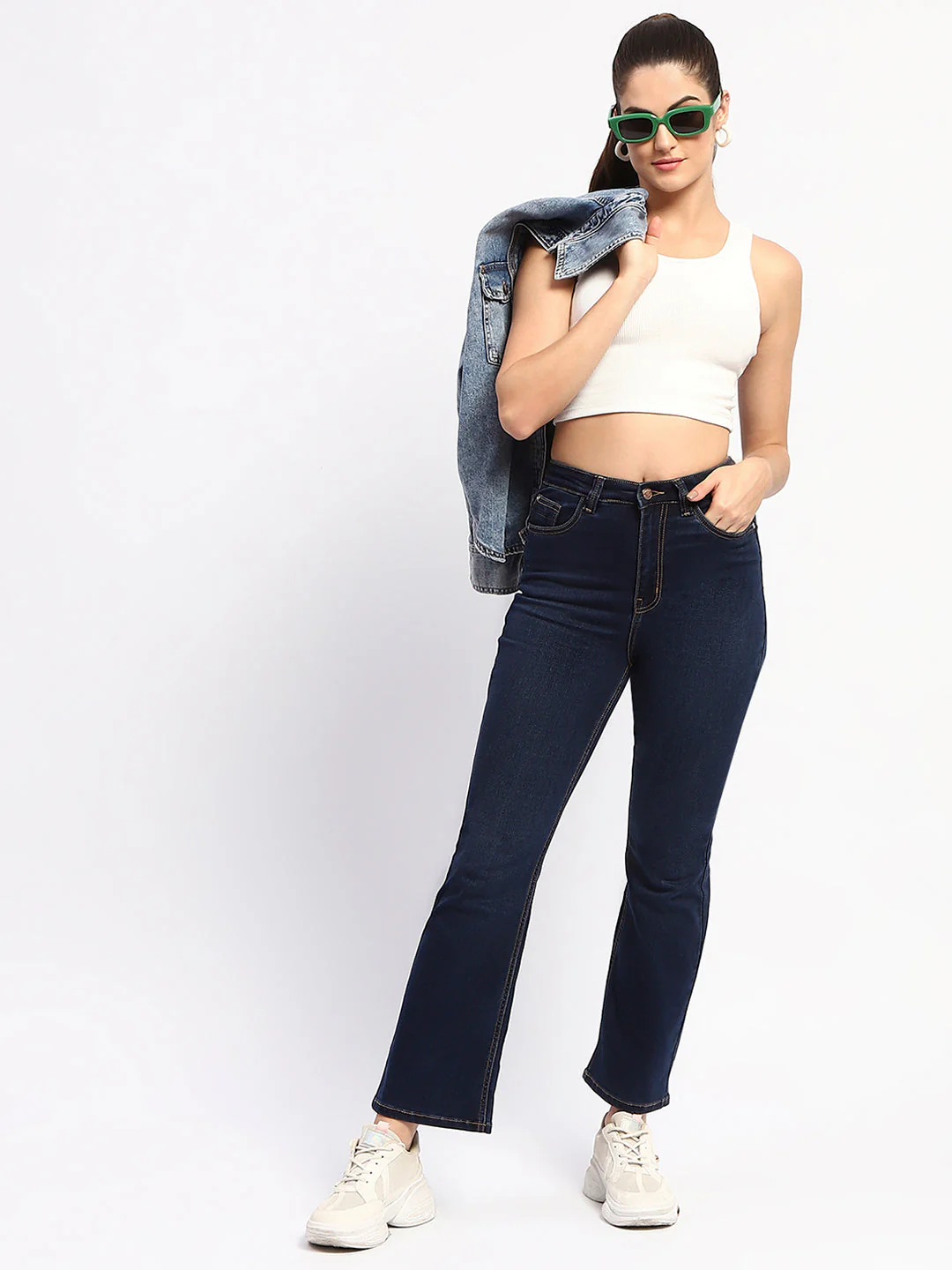 Madame Solid Blue Flared Fit Denim