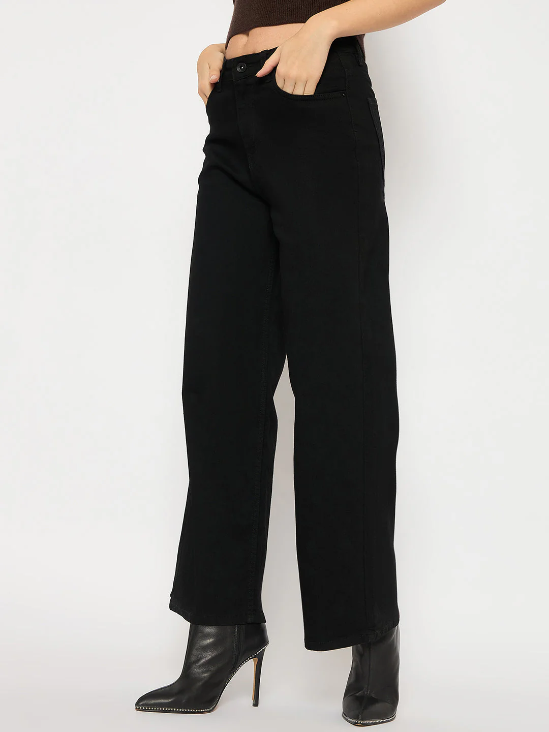 Madame Cotton Blend Wide Leg Black Denim Jeans - Image 5