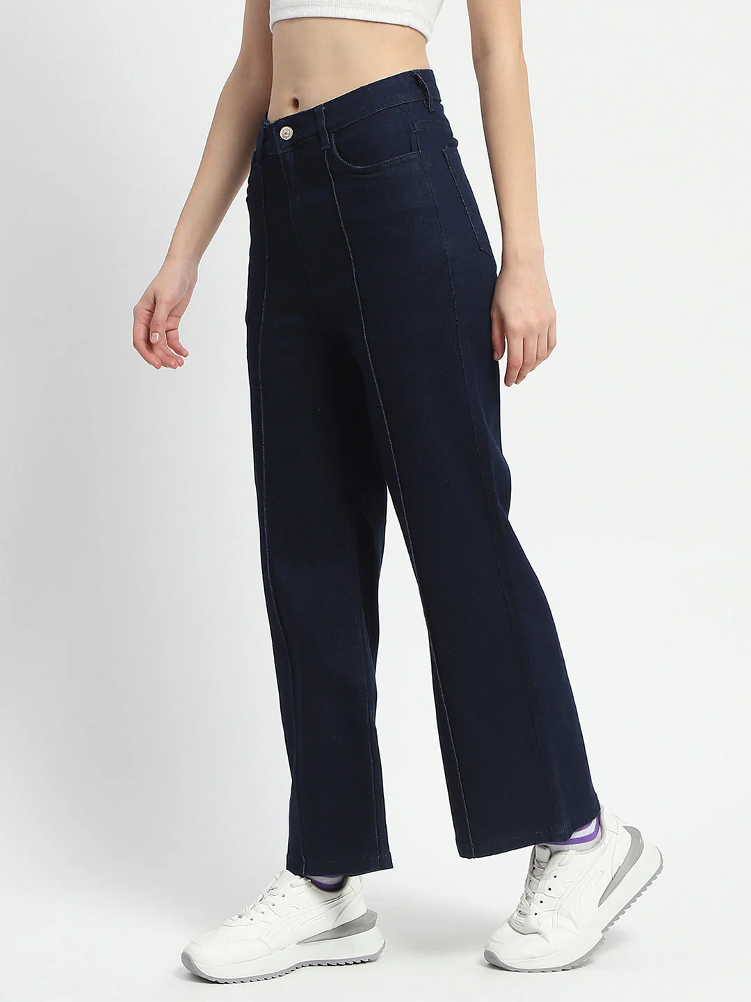 Madame Cotton Blend Single Pleat Wide Leg Dark Blue Denim Jeans - Image 4