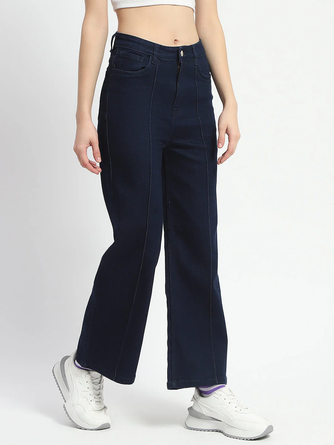 Madame Cotton Blend Single Pleat Wide Leg Dark Blue Denim Jeans - Image 5