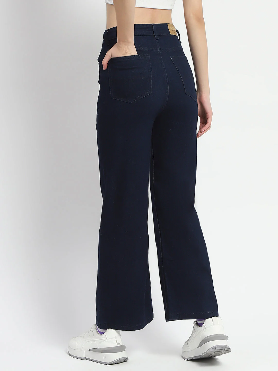 Madame Cotton Blend Single Pleat Wide Leg Dark Blue Denim Jeans - Image 6