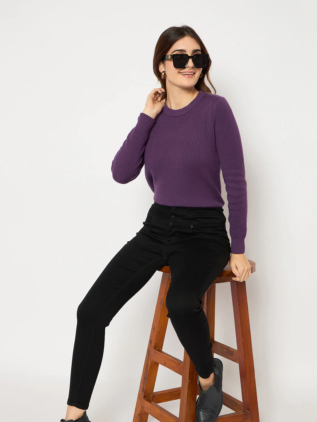 Madame Cotton Blend Double High Rise Solid Button Black Denim Jeans - Image 2