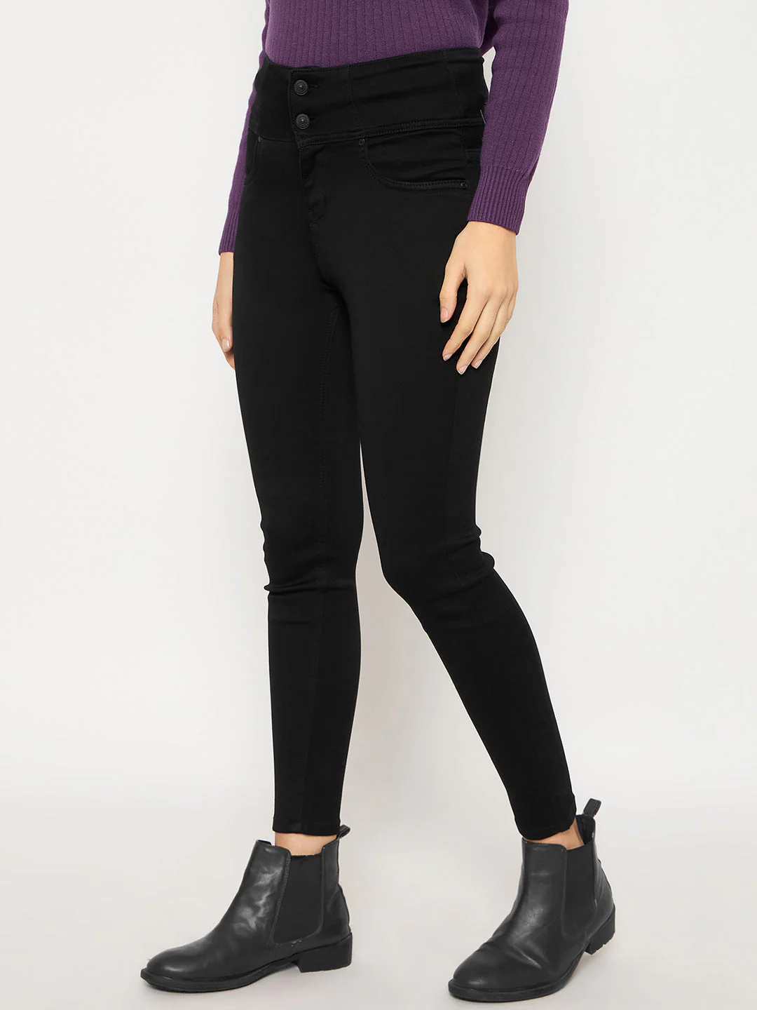 Madame Cotton Blend Double High Rise Solid Button Black Denim Jeans - Image 5