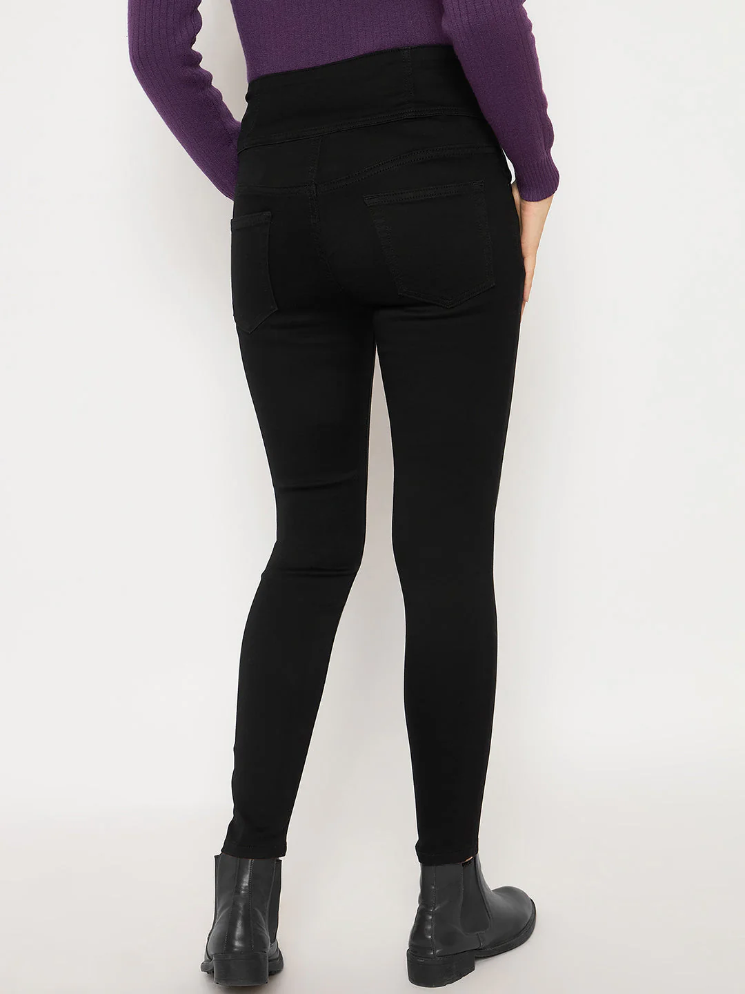 Madame Cotton Blend Double High Rise Solid Button Black Denim Jeans - Image 6
