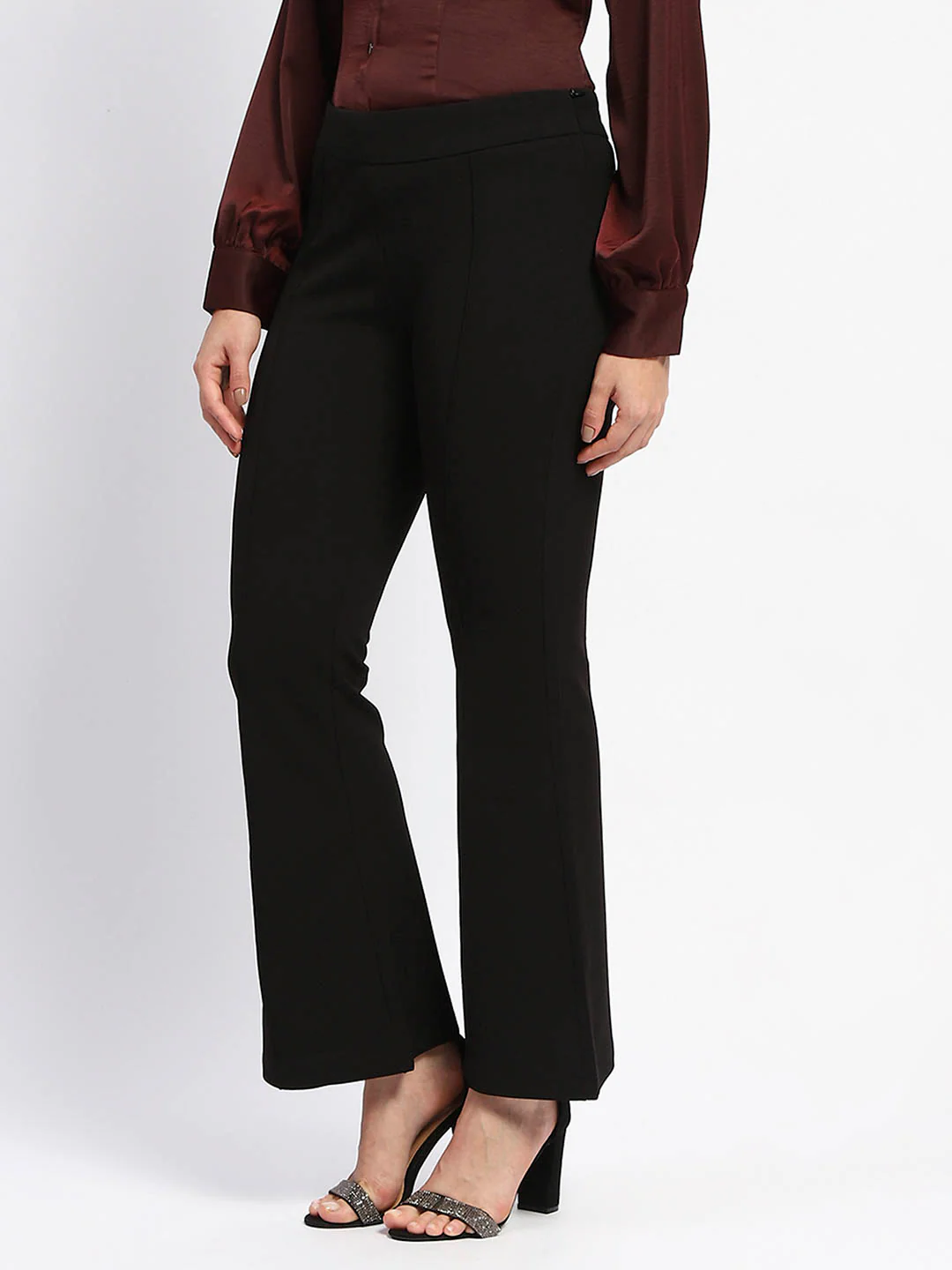 Madame Elasticated Waist Front Pleated Flared Black Trousers - Image 2