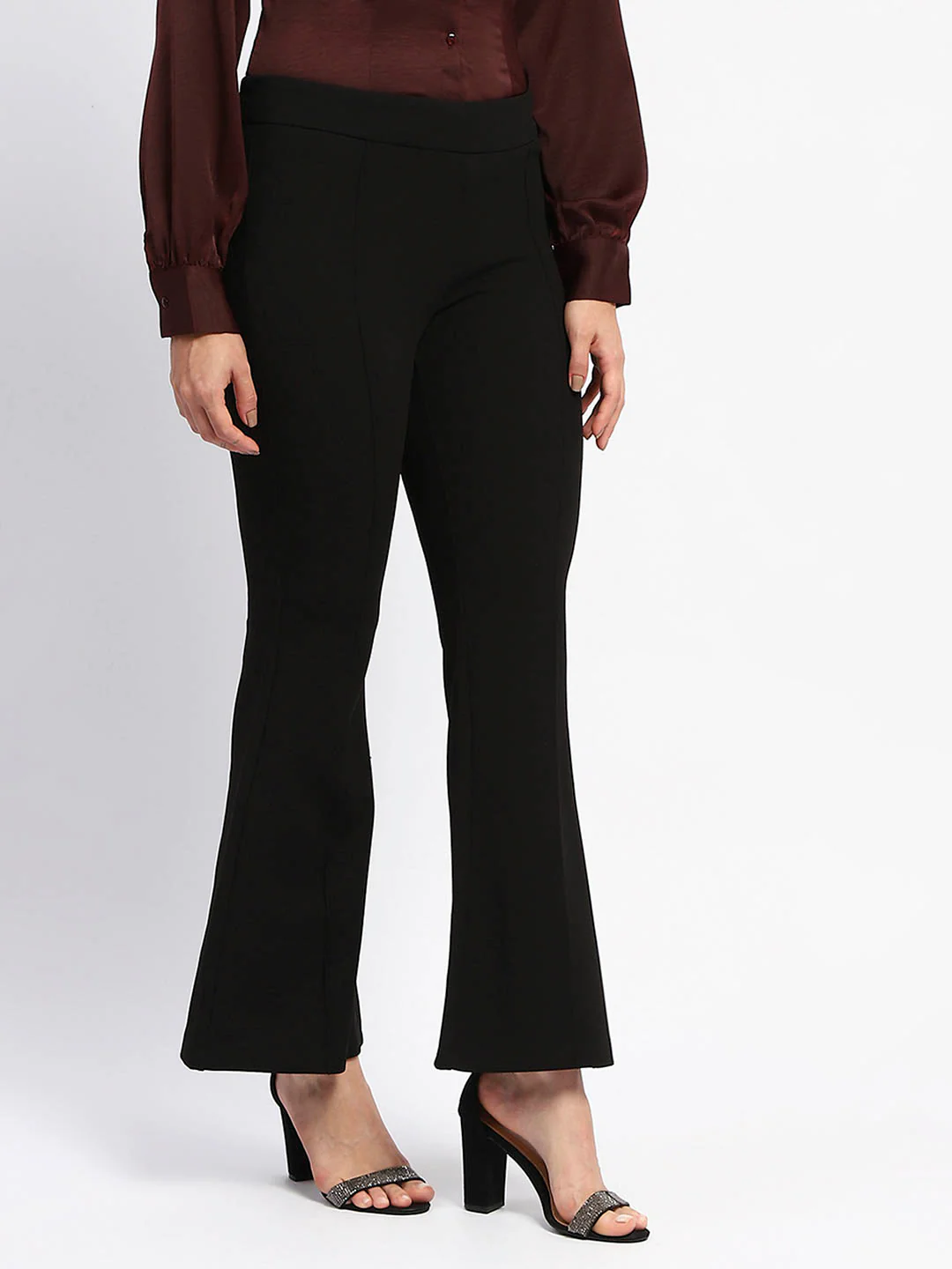 Madame Elasticated Waist Front Pleated Flared Black Trousers - Image 3