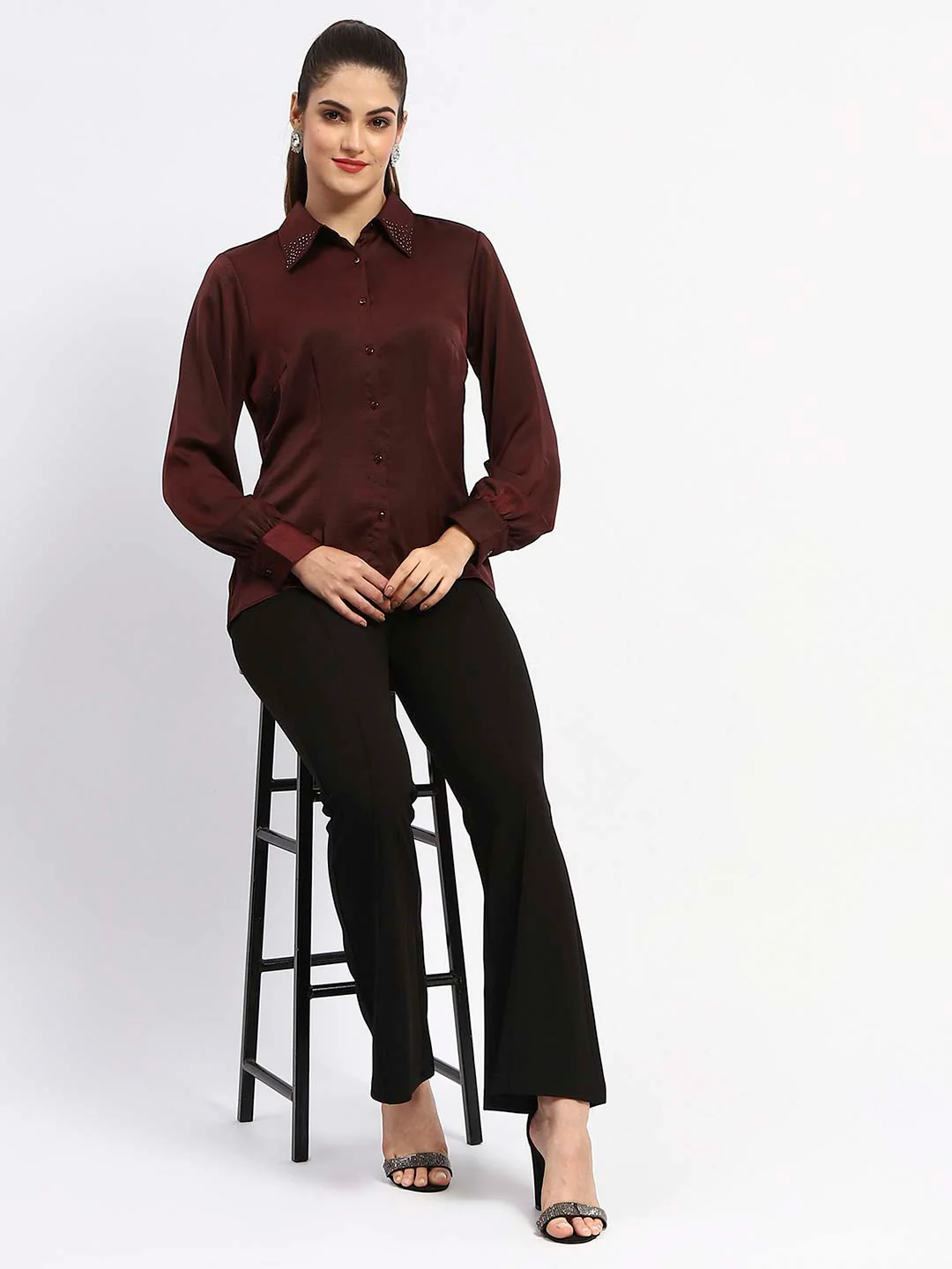 Madame Elasticated Waist Front Pleated Flared Black Trousers - Image 5