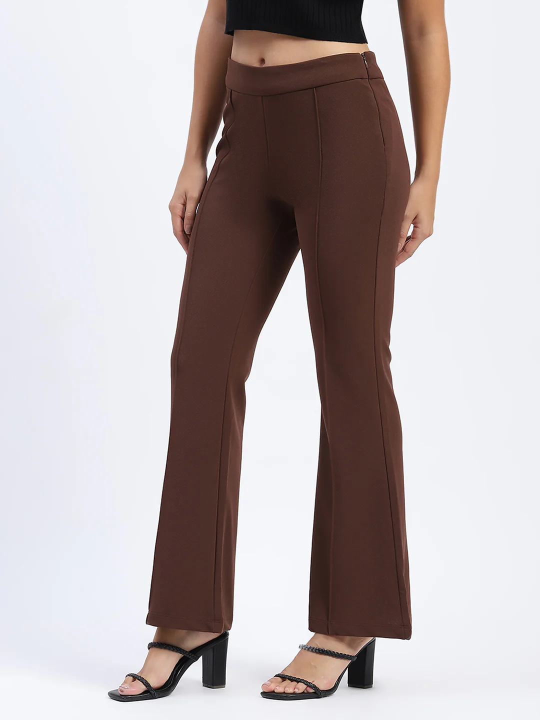 Madame Single Pleated Brown Flared Trousers - Image 2