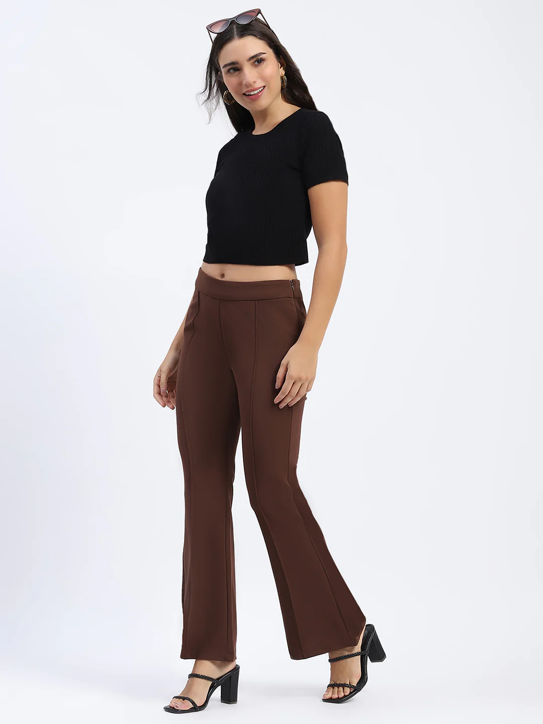 Madame Single Pleated Brown Flared Trousers - Image 5