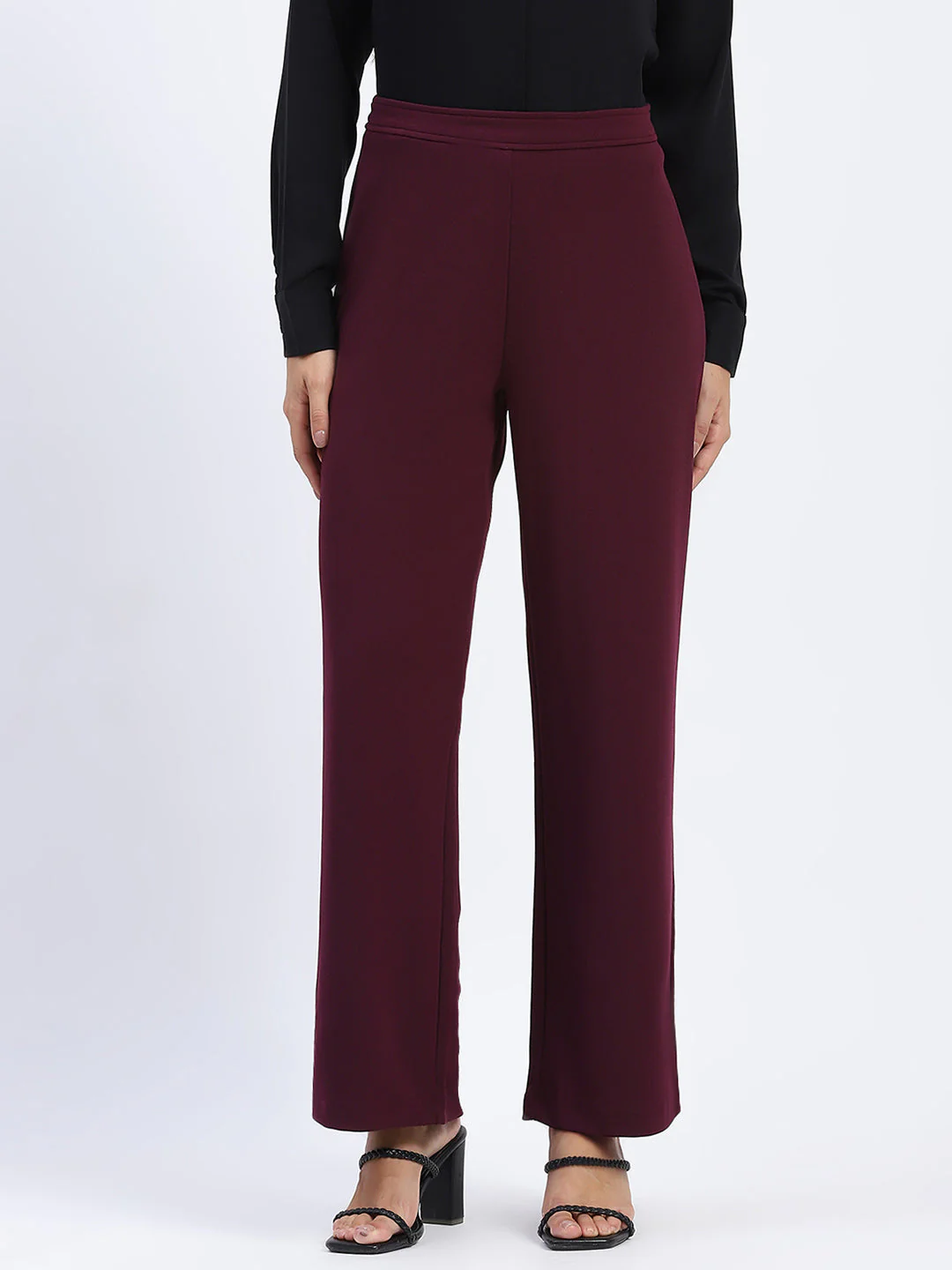Madame Wide Legged Solid Plum Trousers - Image 2