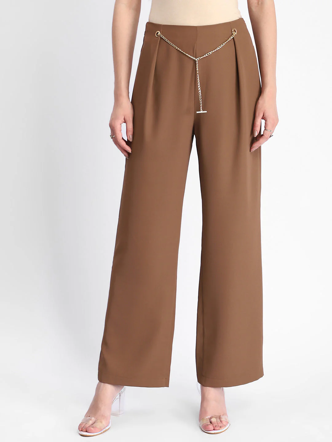 Madame Metal Accessorized Chain Warm Tan Straight Fit Trouser - Image 3