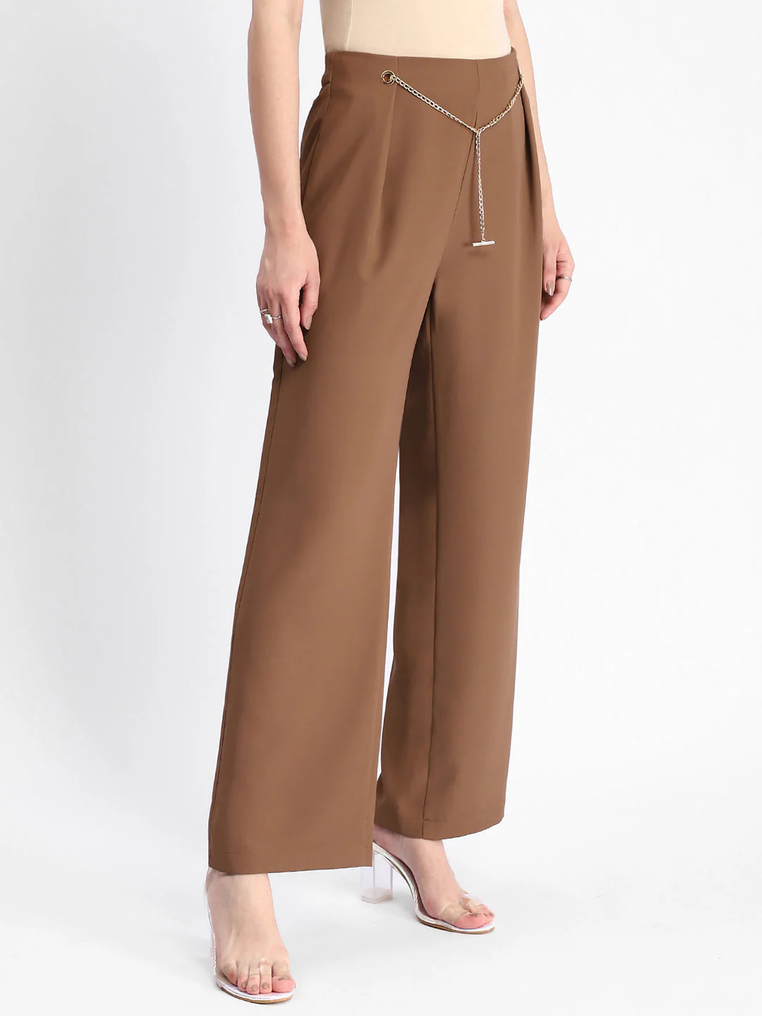 Madame Metal Accessorized Chain Warm Tan Straight Fit Trouser - Image 4