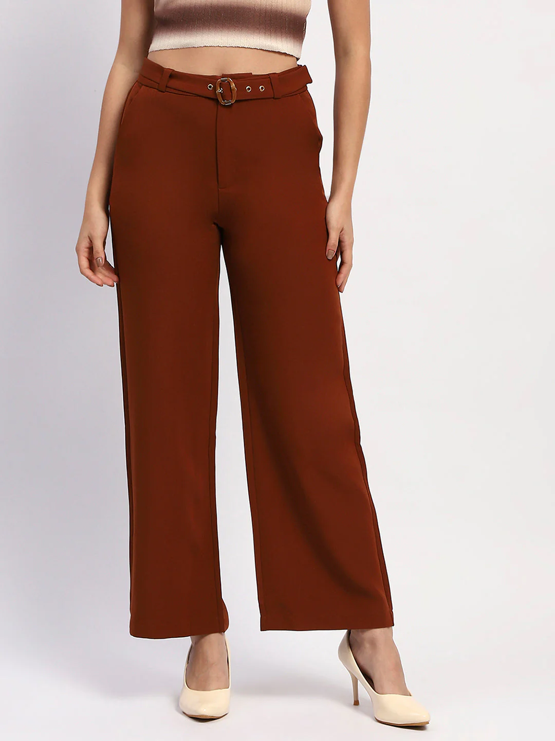 Madame Belted Straight Fit Solid Rust Trousers - Image 2