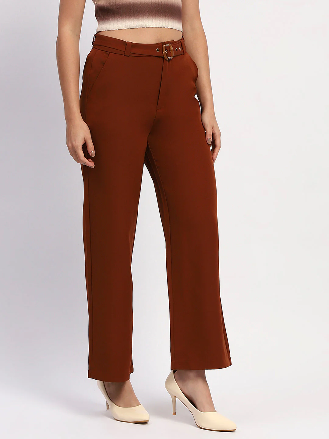 Madame Belted Straight Fit Solid Rust Trousers - Image 3