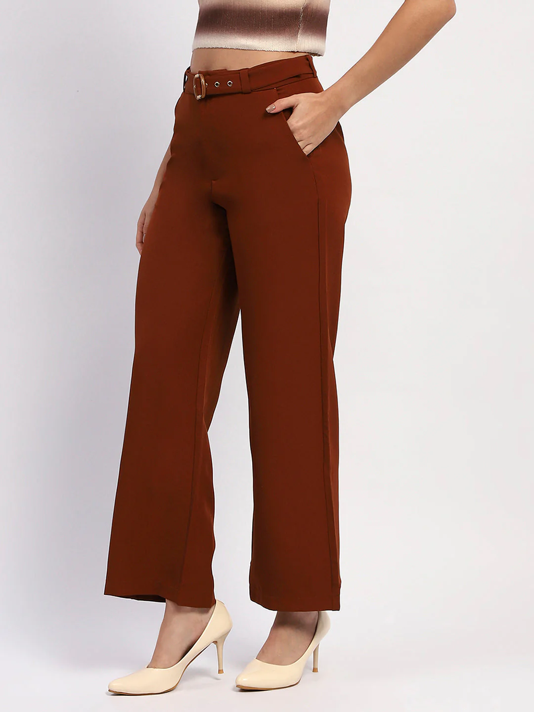 Madame Belted Straight Fit Solid Rust Trousers - Image 4