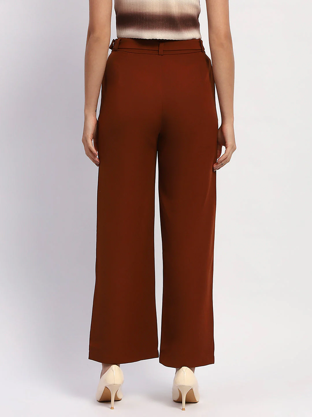 Madame Belted Straight Fit Solid Rust Trousers - Image 5