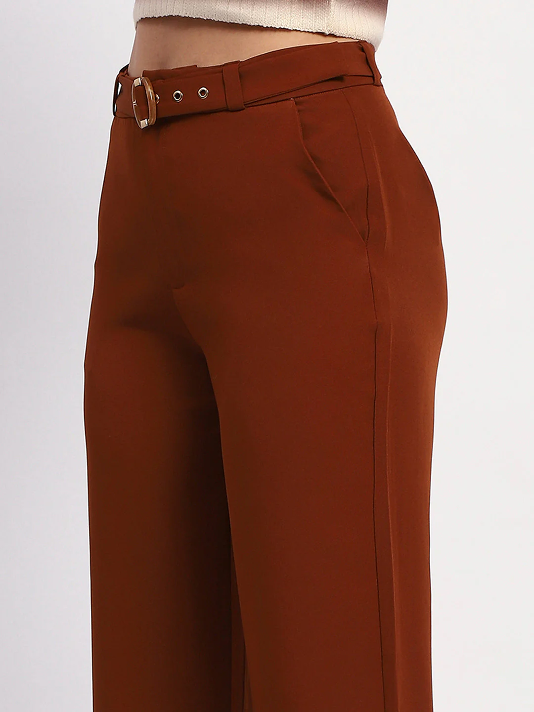 Madame Belted Straight Fit Solid Rust Trousers - Image 6