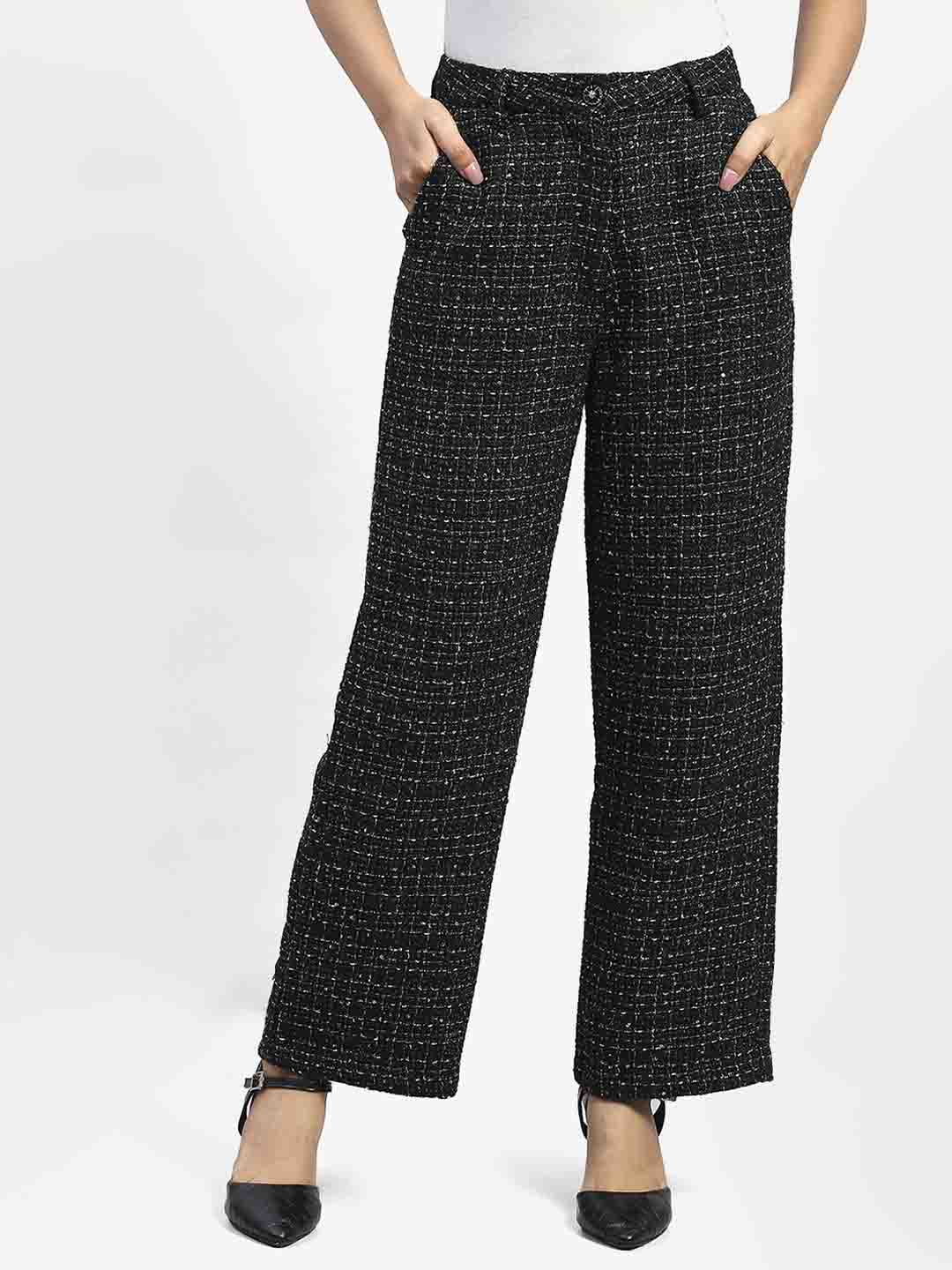 Madame Black Embellished Button Straight Fit Tweed Trousers