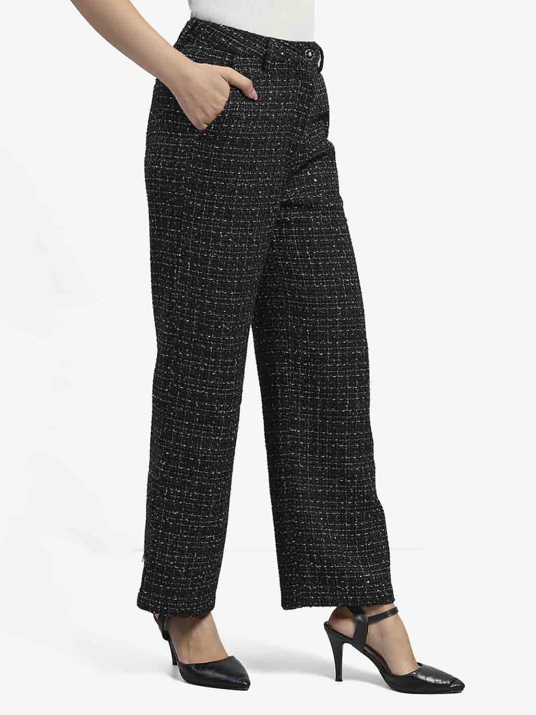 Madame Black Embellished Button Straight Fit Tweed Trousers - Image 3