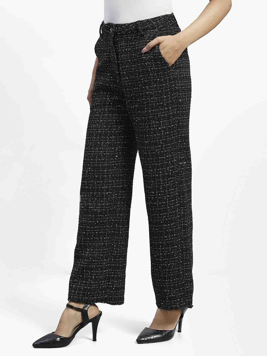 Madame Black Embellished Button Straight Fit Tweed Trousers - Image 4