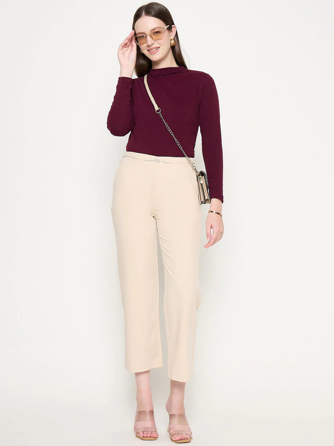 Madame Slash Pocketed Straight Fit Belted Solid Ivory Trousers - Image 2