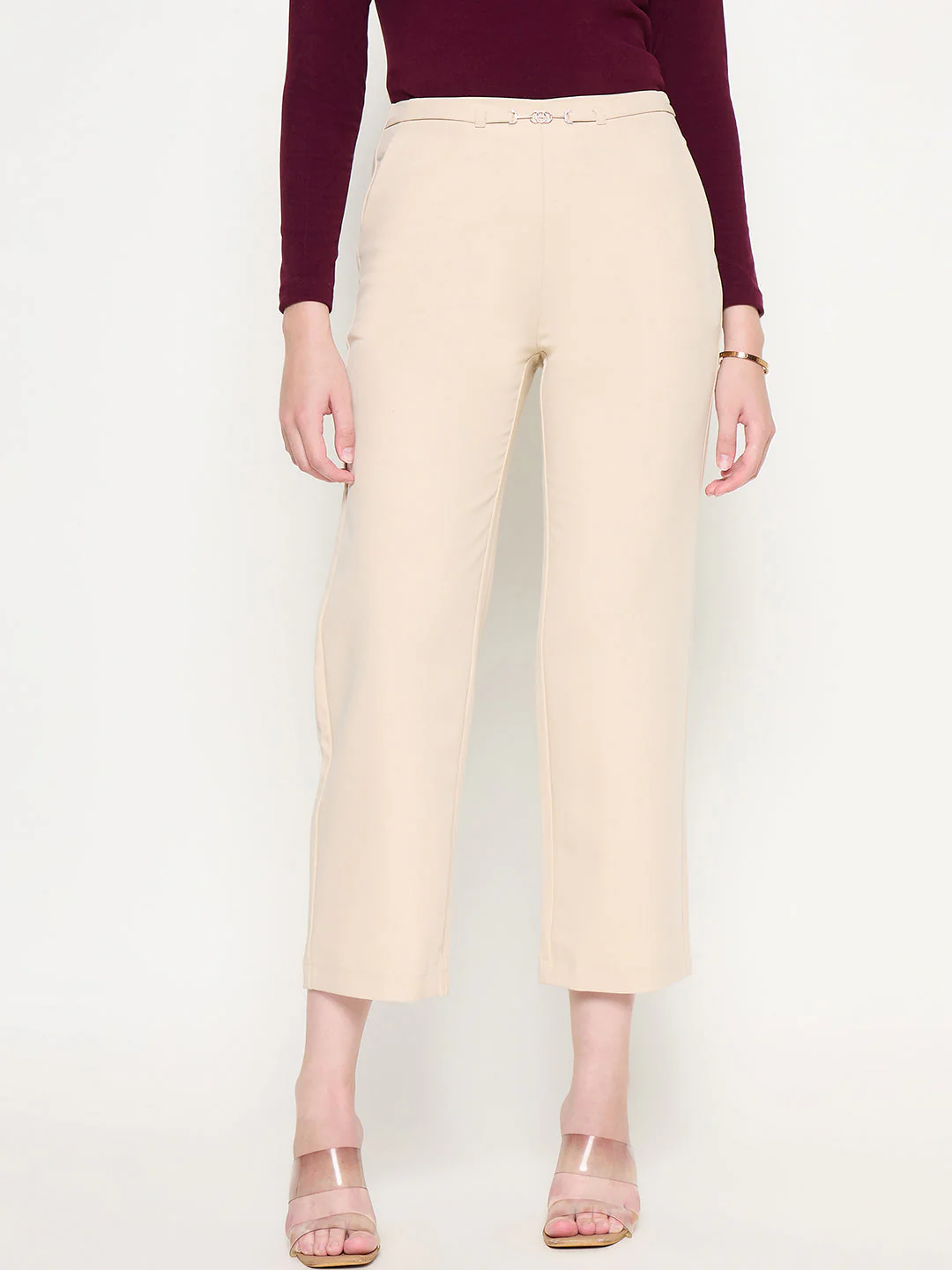 Madame Slash Pocketed Straight Fit Belted Solid Ivory Trousers - Image 3
